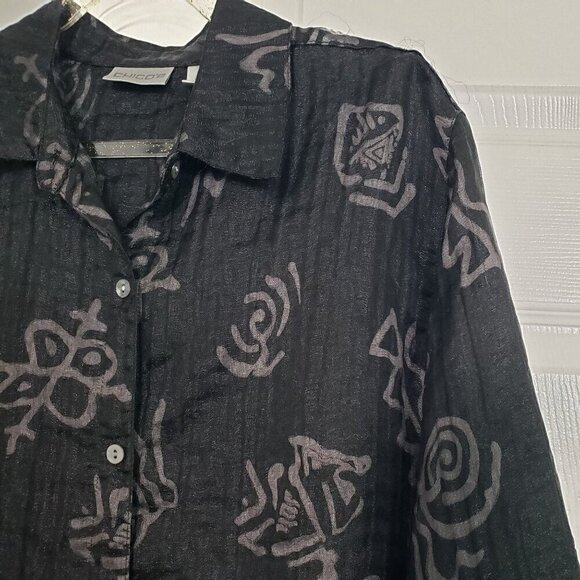 Chicos 0 Linen Silk Shirt Artsy Oversized Black Button Front Womens Size XS - Picture 2 of 10